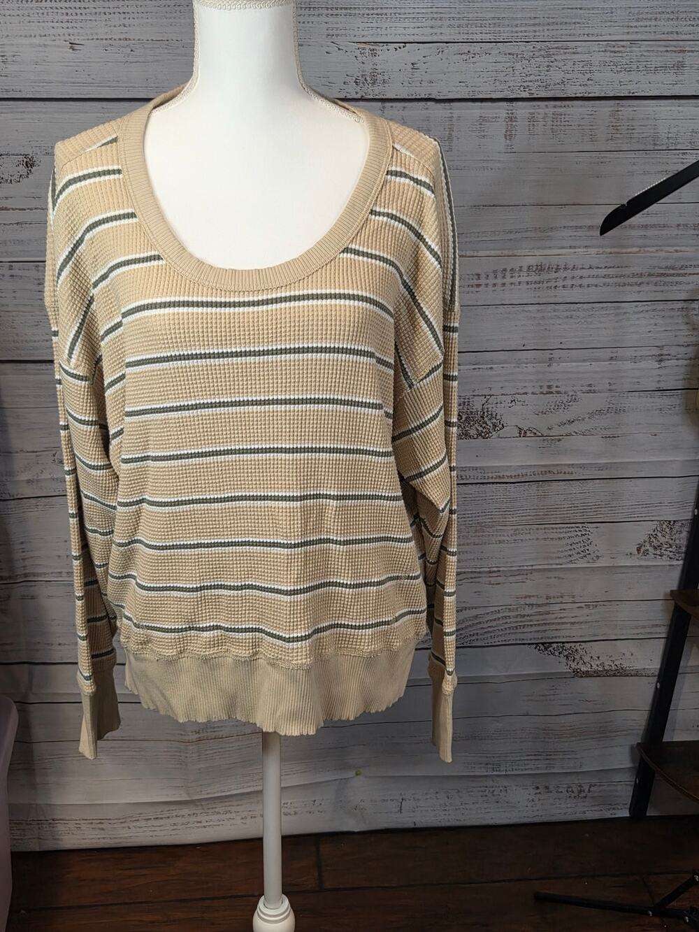 OFFLINE by Aerie Tan Beige Striped Waffle Knit Oversized Scoop Neck Long Sleeve